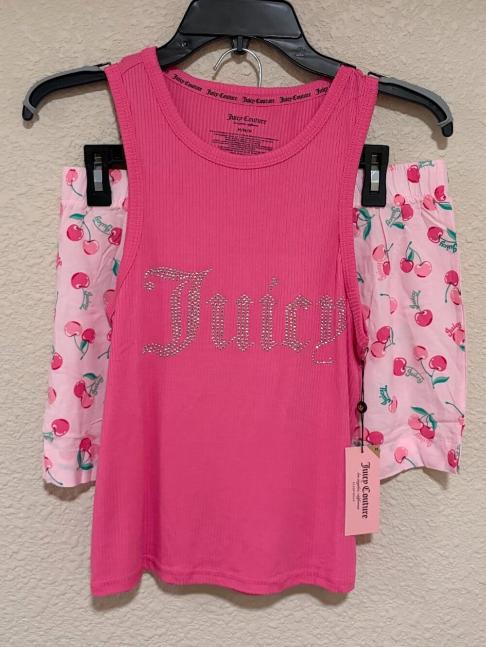 Juicy Couture Cherry Pajama Set Rhinestone Tank Pink Shorts L NWT